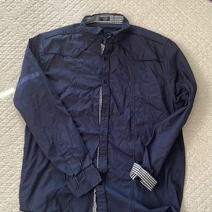 Navy blue casual shirt with gingham trim,Men’s Large